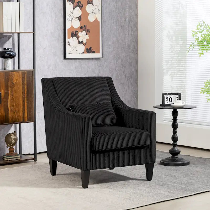 Fauteuil d'appoint en velours côtelé noir, une place, pieds en bois d'hévéa