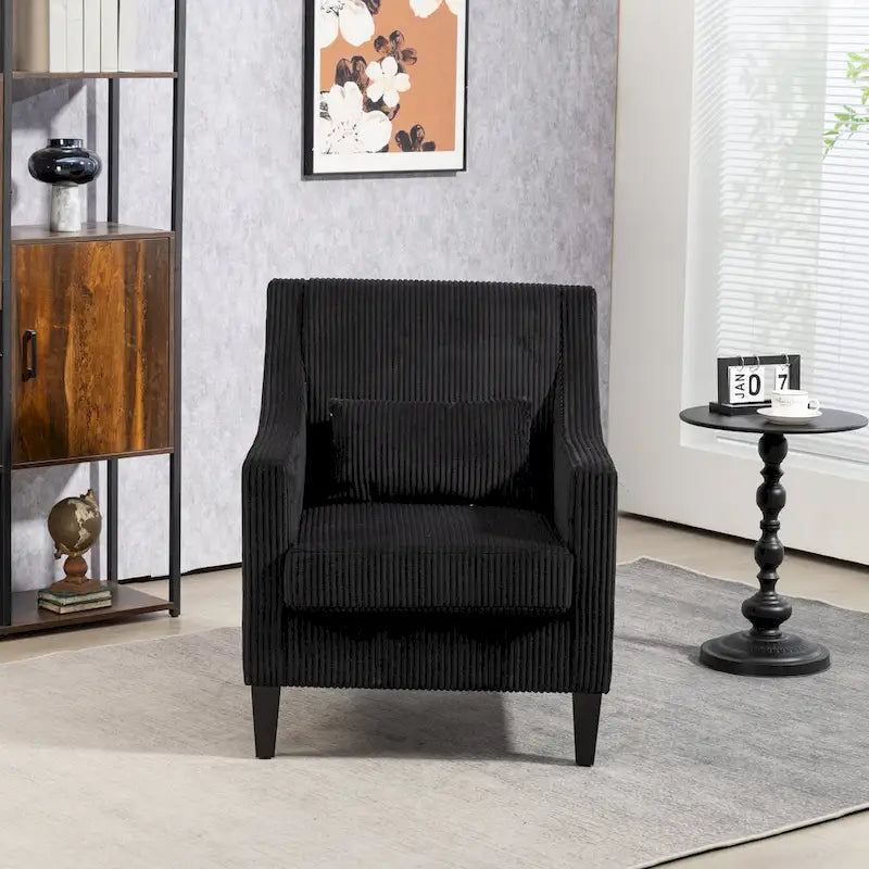 Fauteuil d'appoint en velours côtelé noir, une place, pieds en bois d'hévéa