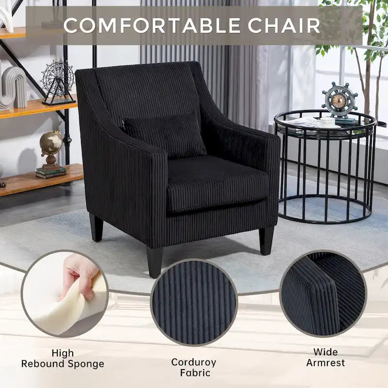 Fauteuil d'appoint en velours côtelé noir, une place, pieds en bois d'hévéa