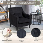 Fauteuil d'appoint en velours côtelé noir, une place, pieds en bois d'hévéa