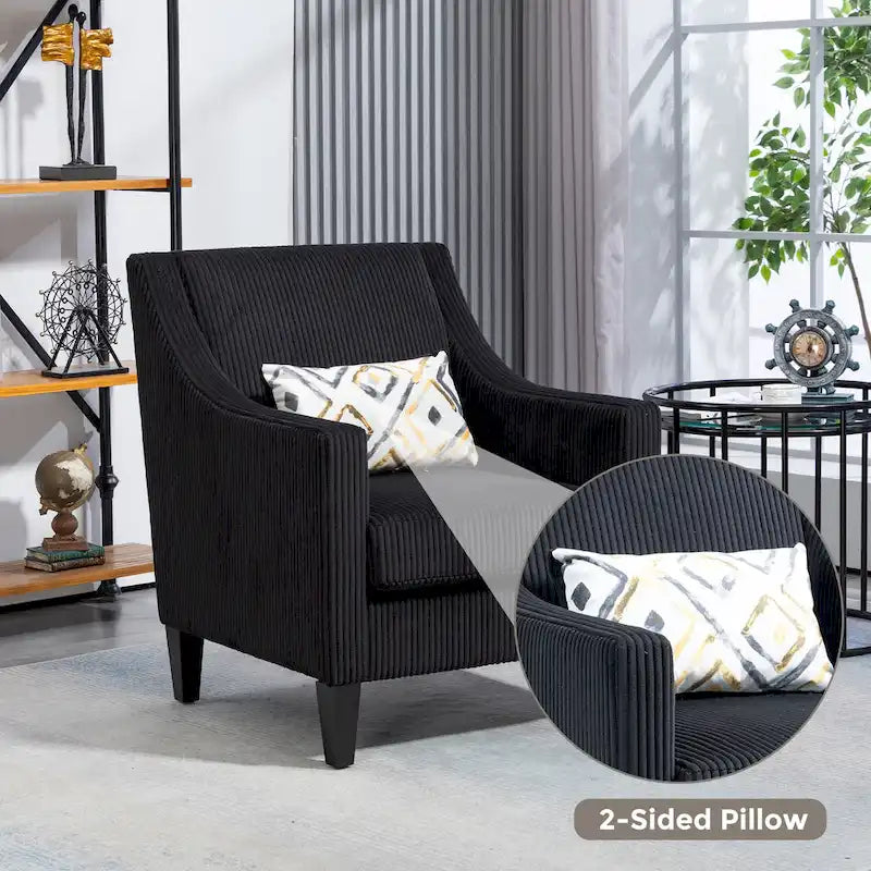 Fauteuil d'appoint en velours côtelé noir, une place, pieds en bois d'hévéa