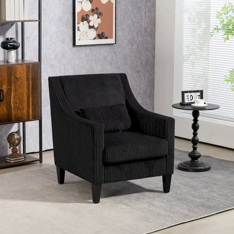 Fauteuil d'appoint en velours côtelé noir, une place, pieds en bois d'hévéa