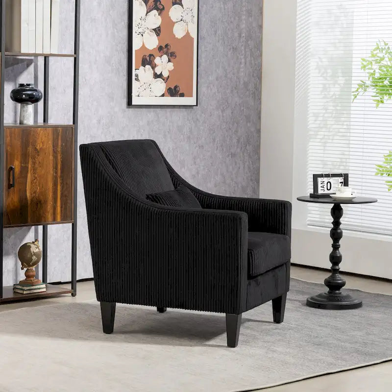 Fauteuil d'appoint en velours côtelé noir, une place, pieds en bois d'hévéa