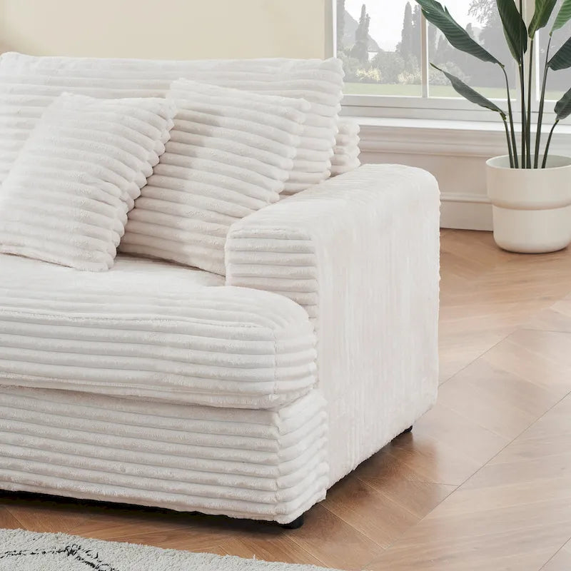 Canapé 3 places en velours côtelé blanc avec 4 coussins décoratifs