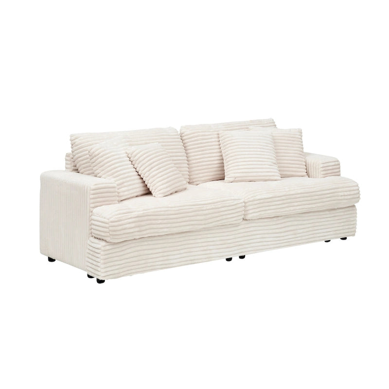 Canapé 3 places en velours côtelé blanc avec 4 coussins décoratifs