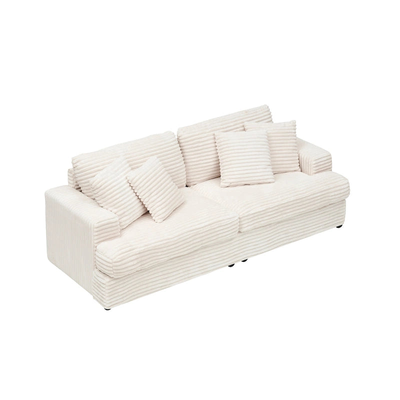 Canapé 3 places en velours côtelé blanc avec 4 coussins décoratifs