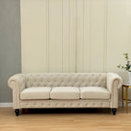 Élégant canapé Chesterfield beige - 3 places en velours avec capitons et pieds en bois