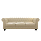 Élégant canapé Chesterfield beige - 3 places en velours avec capitons et pieds en bois