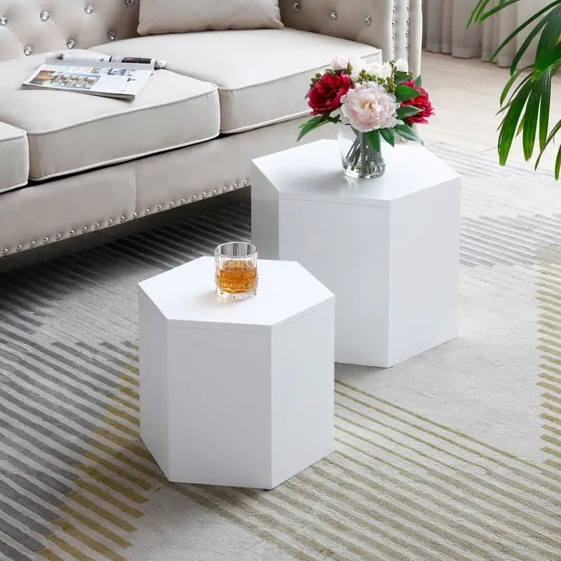 Tables d'appoint gigognes blanches/noires, lot de 2, plateau rond, aucun assemblage requis