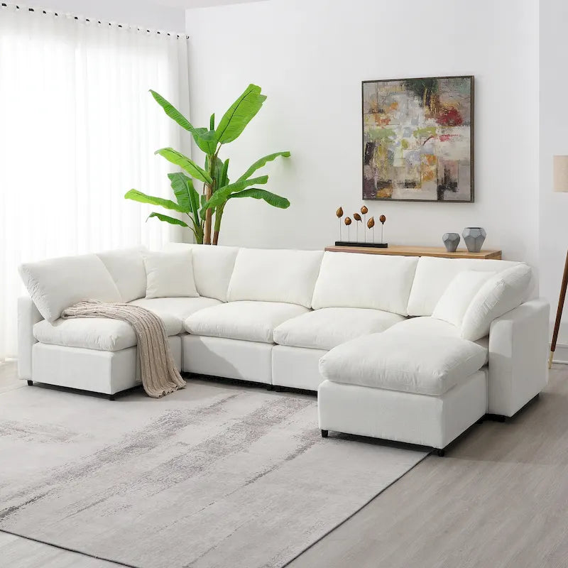 Canapé-lit modulaire moderne 6 places en velours chenille avec ottomane