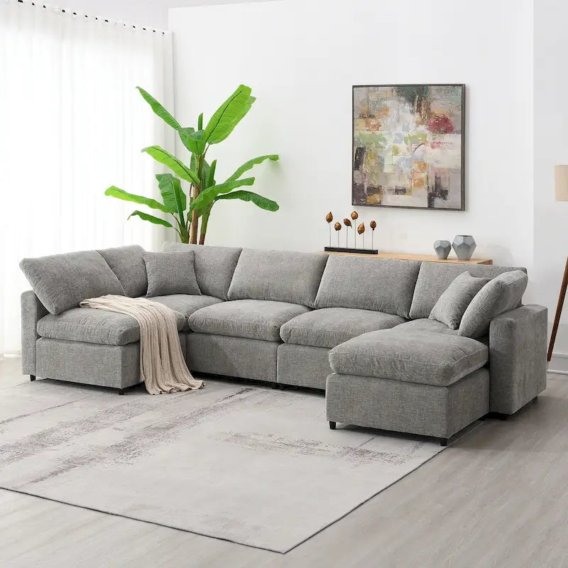 Canapé-lit modulaire moderne 6 places en velours chenille avec ottomane
