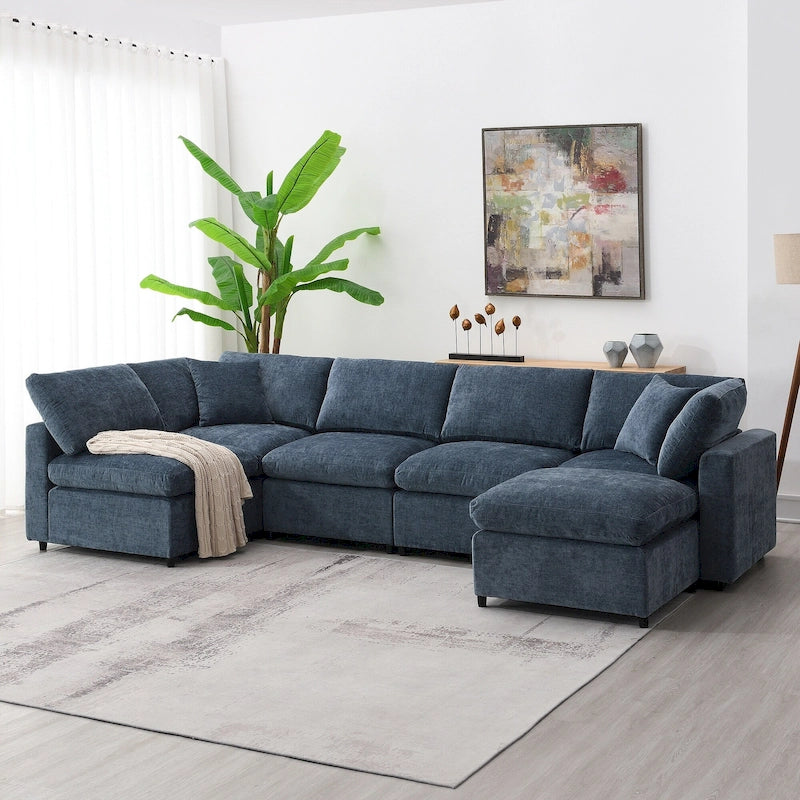 Canapé-lit modulaire moderne 6 places en velours chenille avec ottomane