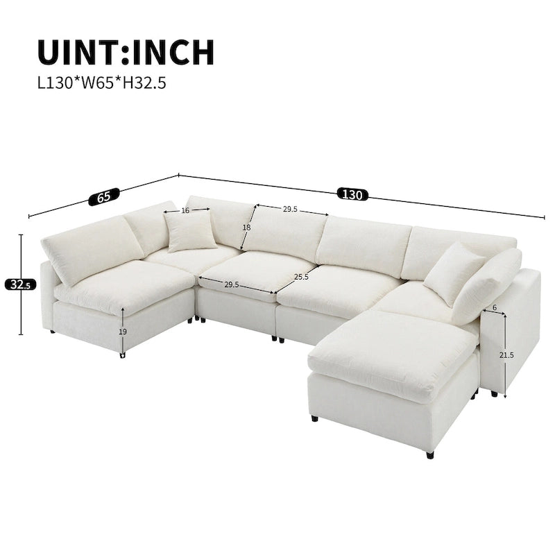 Canapé-lit modulaire moderne 6 places en velours chenille avec ottomane