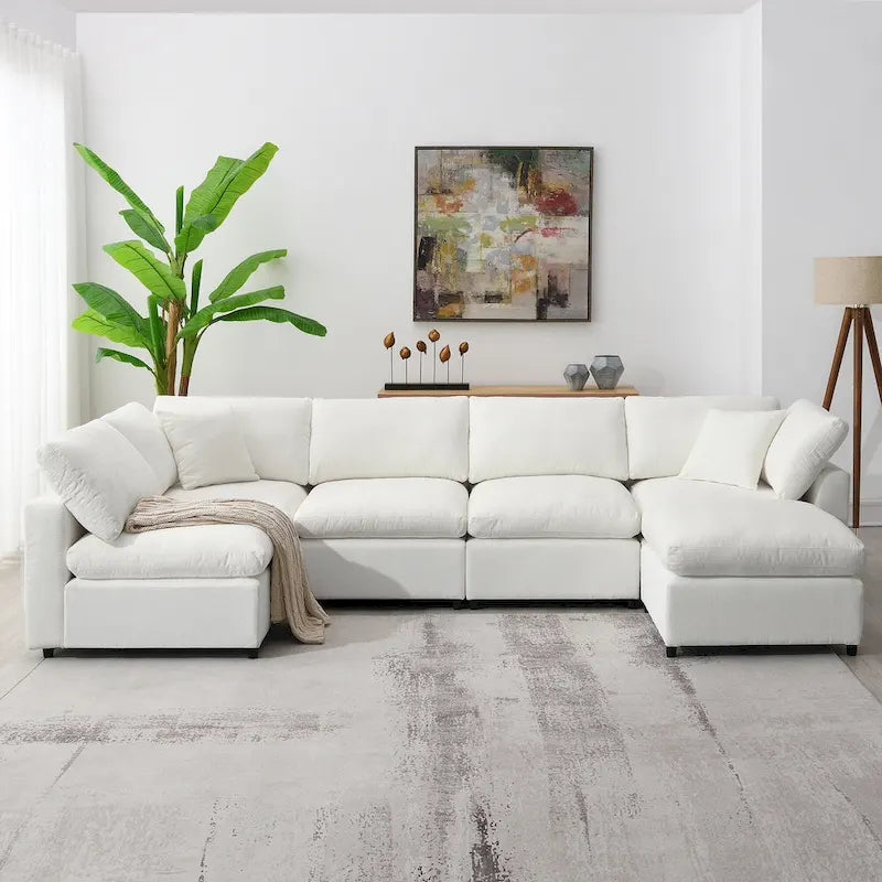 Canapé-lit modulaire moderne 6 places en velours chenille avec ottomane