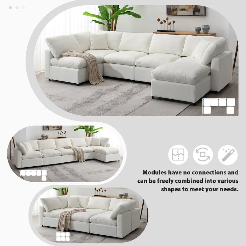 Canapé-lit modulaire moderne 6 places en velours chenille avec ottomane