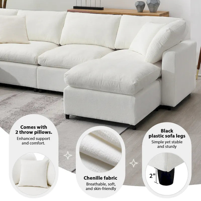 Canapé-lit modulaire moderne 6 places en velours chenille avec ottomane