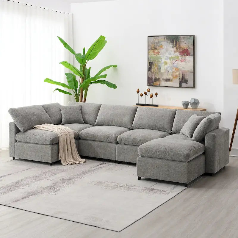 Canapé-lit modulaire moderne 6 places en velours chenille avec ottomane