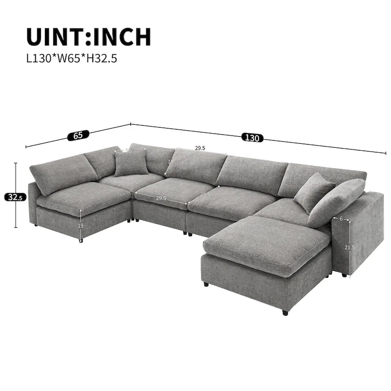 Canapé-lit modulaire moderne 6 places en velours chenille avec ottomane