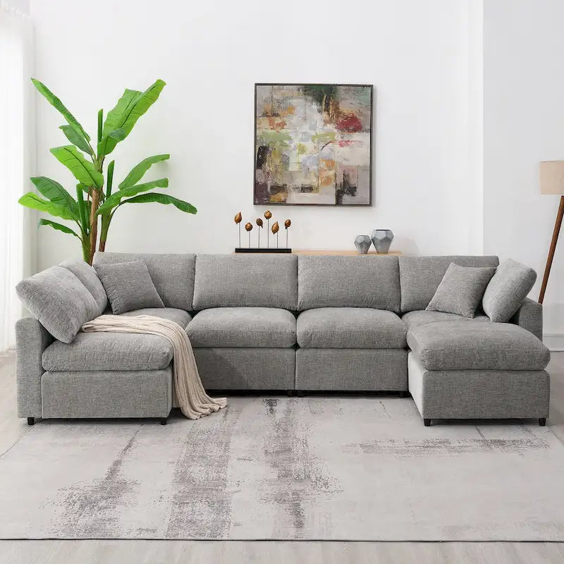 Canapé-lit modulaire moderne 6 places en velours chenille avec ottomane