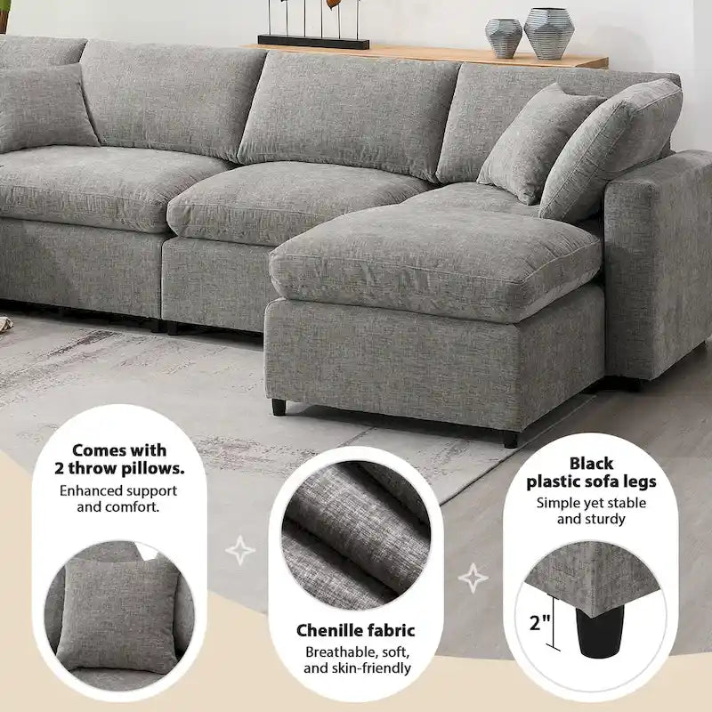 Canapé-lit modulaire moderne 6 places en velours chenille avec ottomane