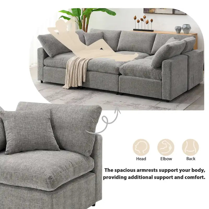 Canapé-lit modulaire moderne 6 places en velours chenille avec ottomane
