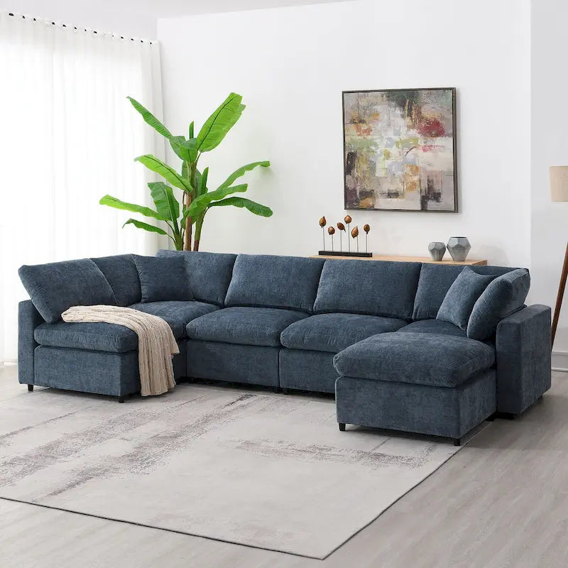 Canapé-lit modulaire moderne 6 places en velours chenille avec ottomane