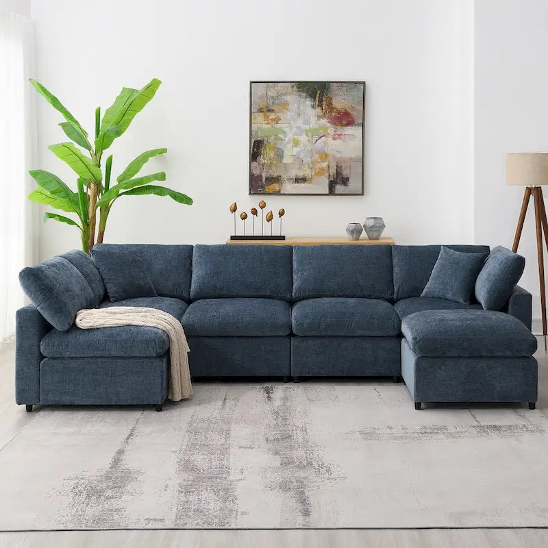 Canapé-lit modulaire moderne 6 places en velours chenille avec ottomane