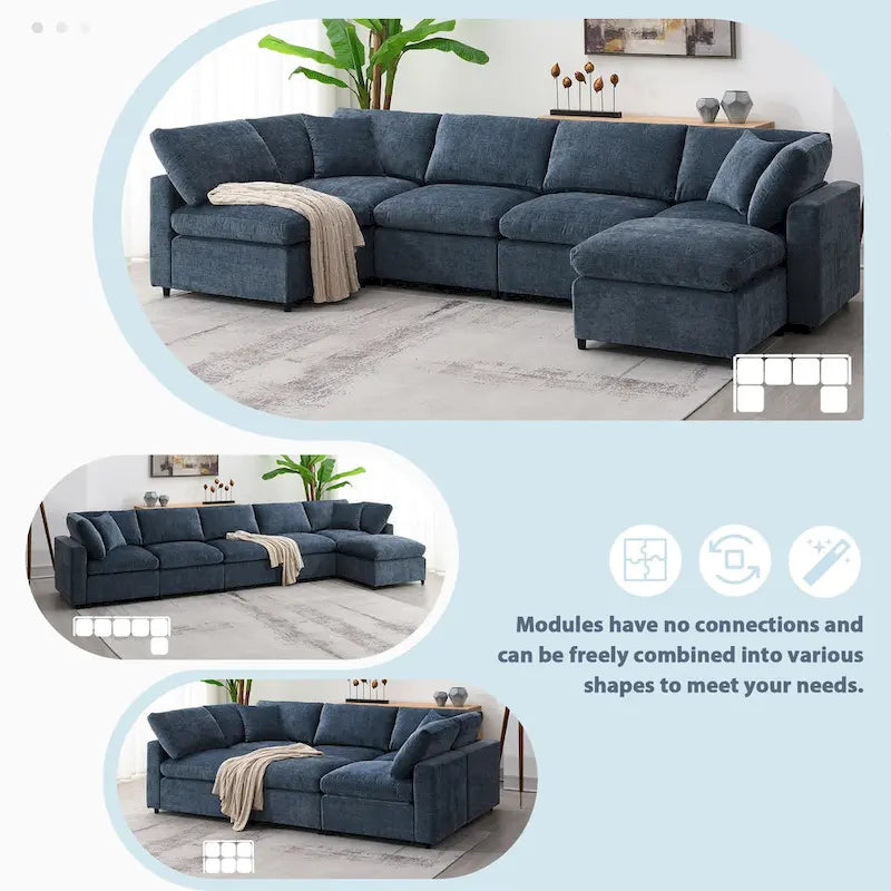 Canapé-lit modulaire moderne 6 places en velours chenille avec ottomane