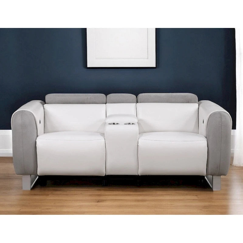 Causeuse inclinable électrique bicolore blanc/gris avec console de rangement – 2 places