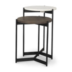 Tables d'appoint gigognes rondes en marbre blanc et marron / bois de manguier, lot de 2