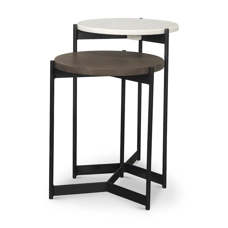 Tables d'appoint gigognes rondes en marbre blanc et marron / bois de manguier, lot de 2