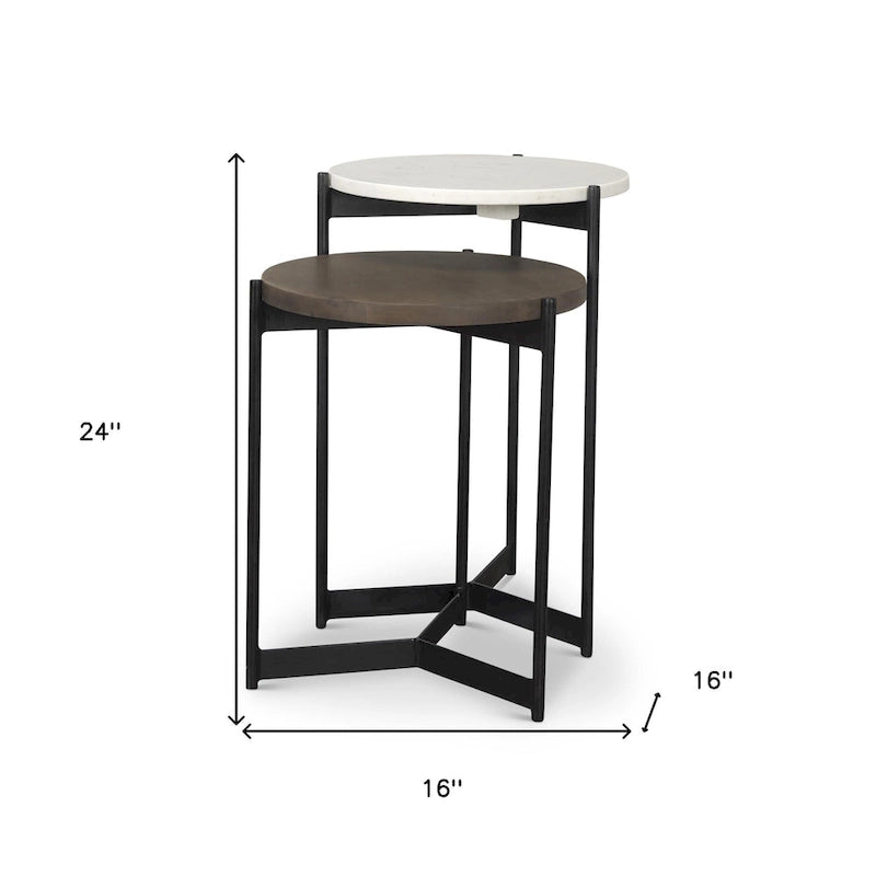 Tables d'appoint gigognes rondes en marbre blanc et marron / bois de manguier, lot de 2