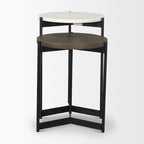 Tables d'appoint gigognes rondes en marbre blanc et marron / bois de manguier, lot de 2