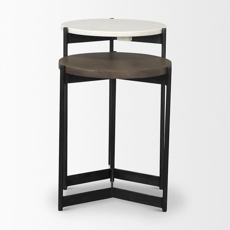 Tables d'appoint gigognes rondes en marbre blanc et marron / bois de manguier, lot de 2
