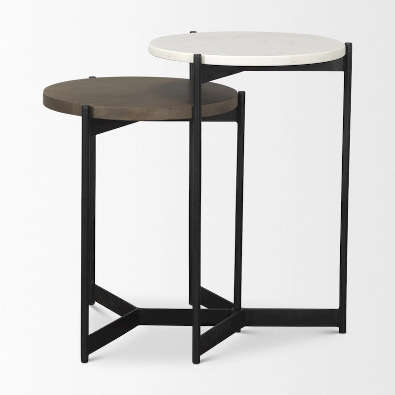 Tables d'appoint gigognes rondes en marbre blanc et marron / bois de manguier, lot de 2