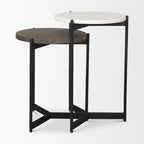 Tables d'appoint gigognes rondes en marbre blanc et marron / bois de manguier, lot de 2
