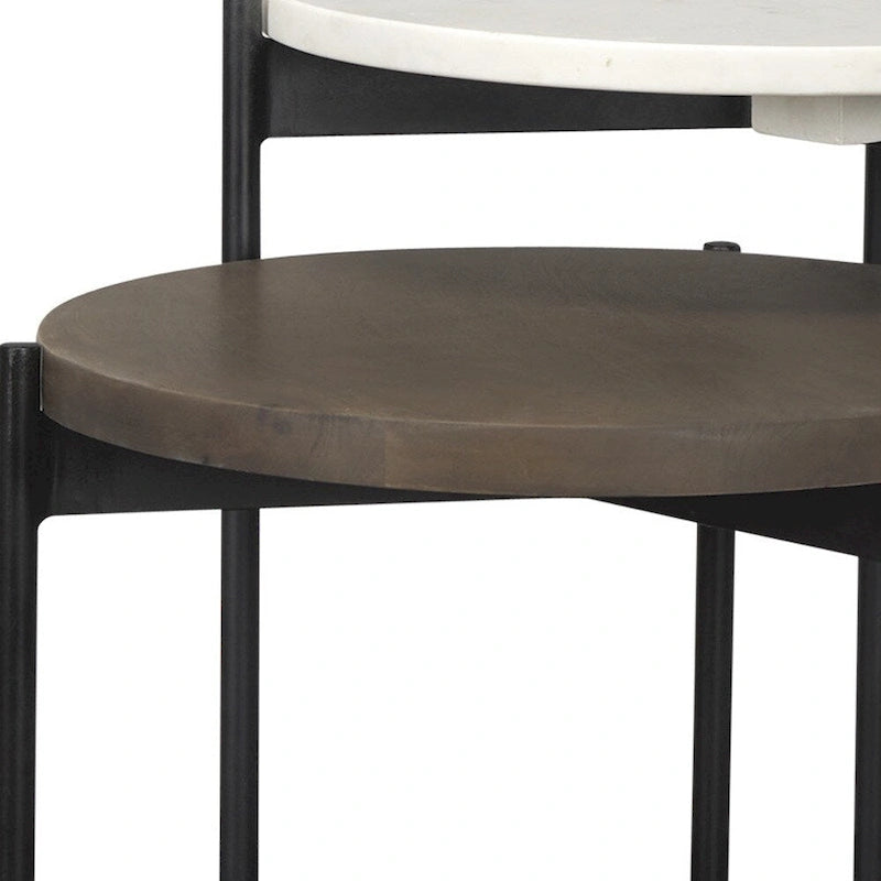 Tables d'appoint gigognes rondes en marbre blanc et marron / bois de manguier, lot de 2