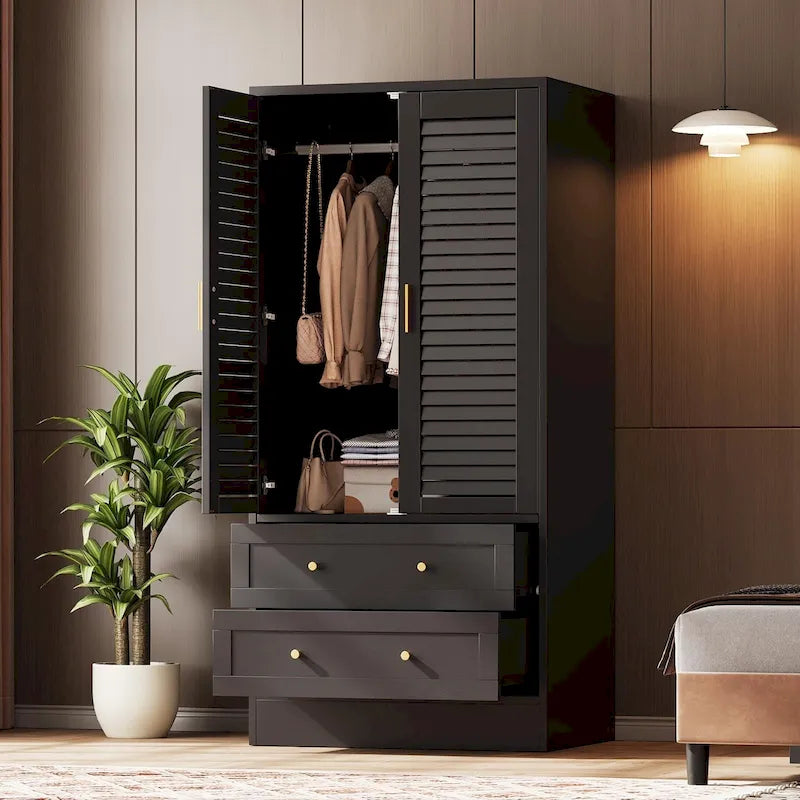 Armoire penderie noire à persiennes avec tringle et 2 tiroirs, 1 personne