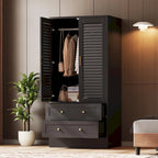 Armoire penderie noire à persiennes avec tringle et 2 tiroirs, 1 personne