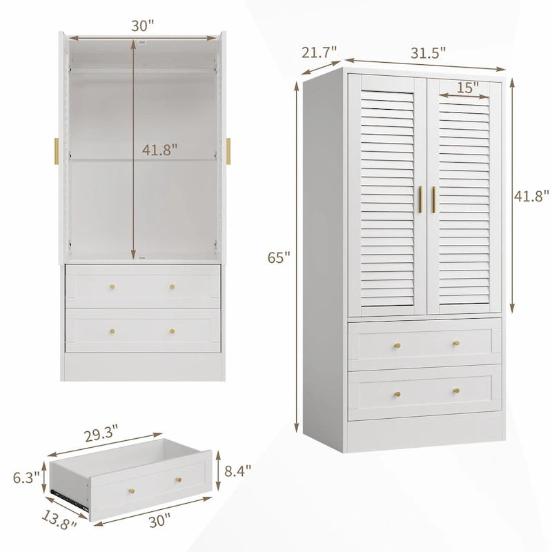 Armoire penderie noire à persiennes avec tringle et 2 tiroirs, 1 personne