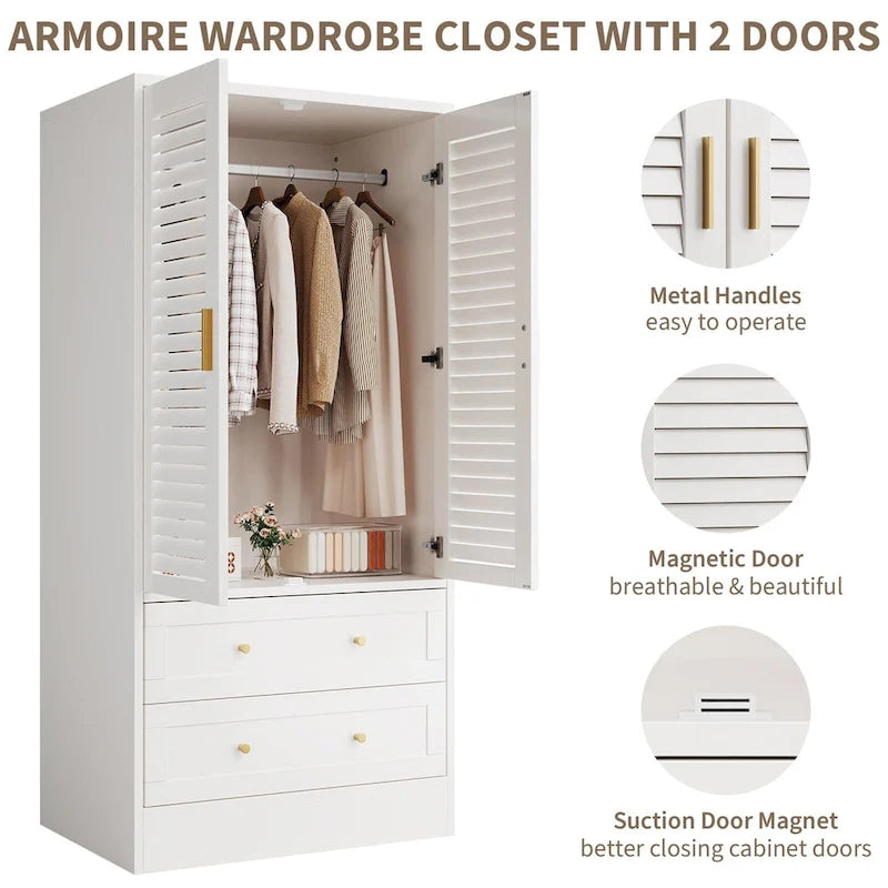 Armoire penderie noire à persiennes avec tringle et 2 tiroirs, 1 personne