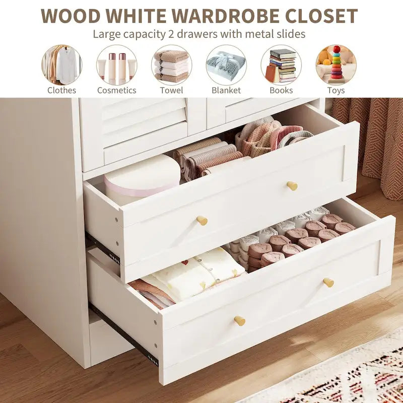 Armoire penderie noire à persiennes avec tringle et 2 tiroirs, 1 personne