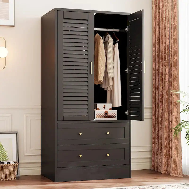 Armoire penderie noire à persiennes avec tringle et 2 tiroirs, 1 personne