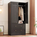 Armoire penderie noire à persiennes avec tringle et 2 tiroirs, 1 personne