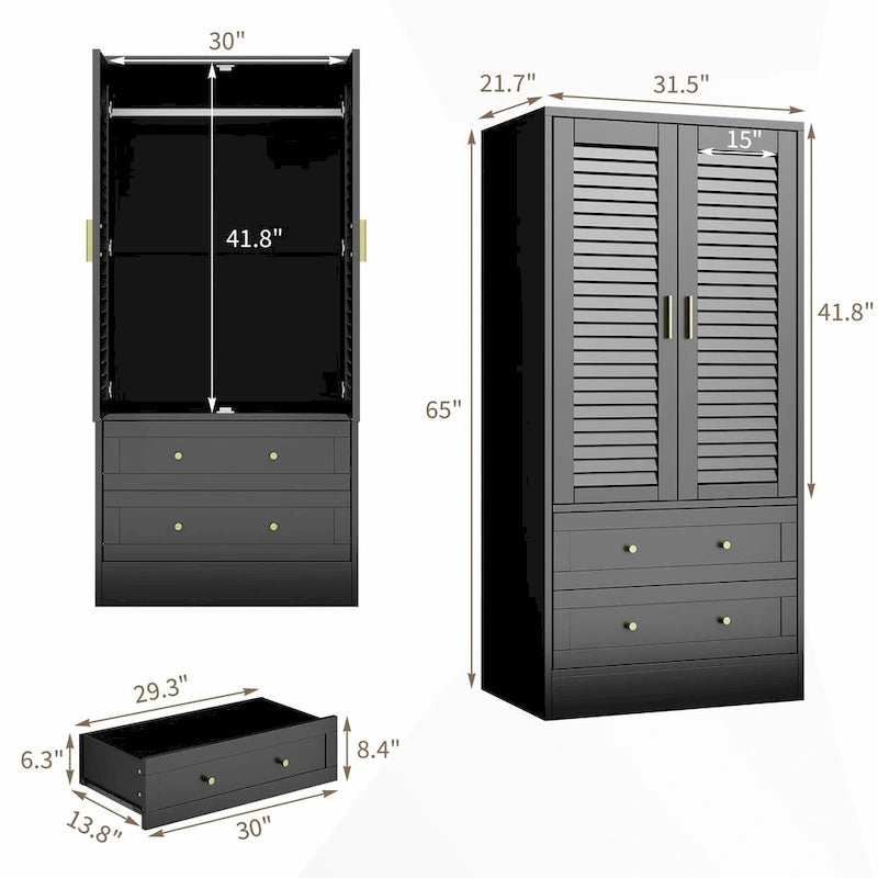 Armoire penderie noire à persiennes avec tringle et 2 tiroirs, 1 personne