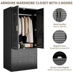 Armoire penderie noire à persiennes avec tringle et 2 tiroirs, 1 personne