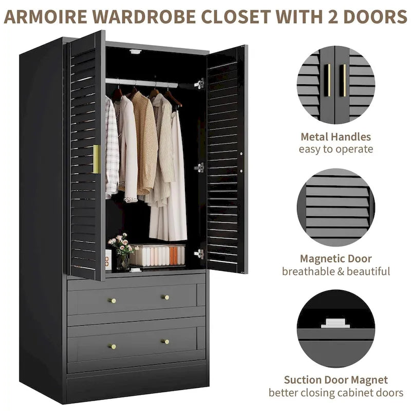 Armoire penderie noire à persiennes avec tringle et 2 tiroirs, 1 personne