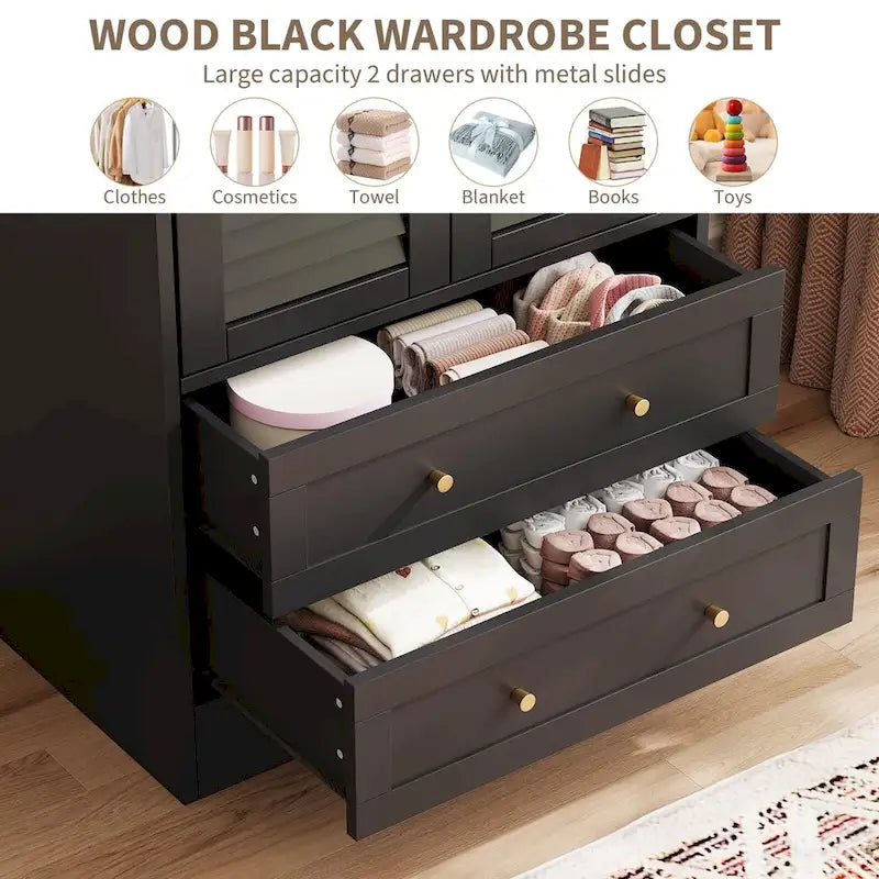 Armoire penderie noire à persiennes avec tringle et 2 tiroirs, 1 personne