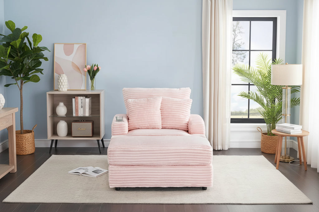 Fauteuil simple en velours côtelé rose avec pouf et porte-gobelet