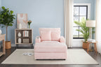 Fauteuil simple en velours côtelé rose avec pouf et porte-gobelet